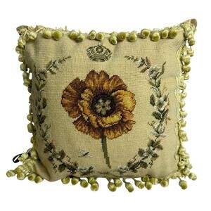 Borgata Needlepoint Pillow 16x16 Floral Crown Tassel Fringe Velvet Vtg